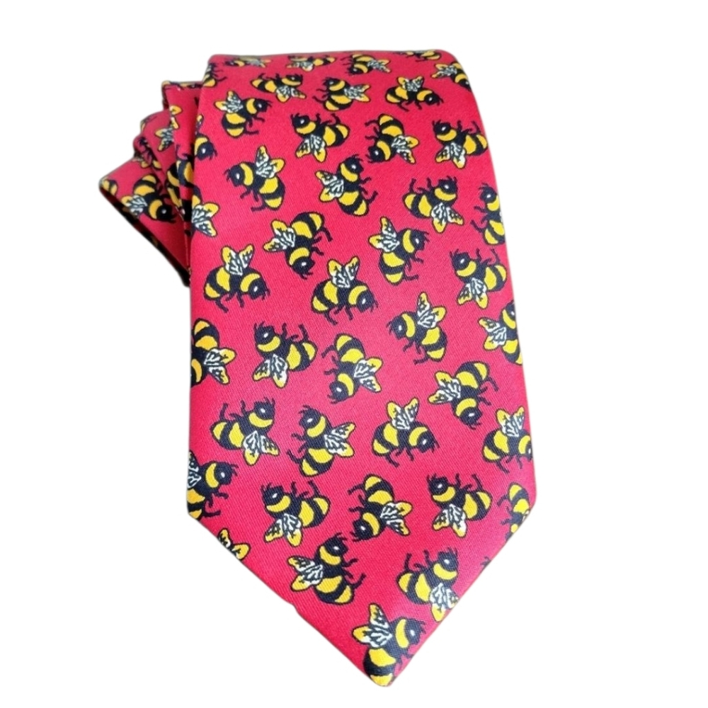 London Made In England 100% Silk Red Necktie with Yellow Bee Pattern Eximious